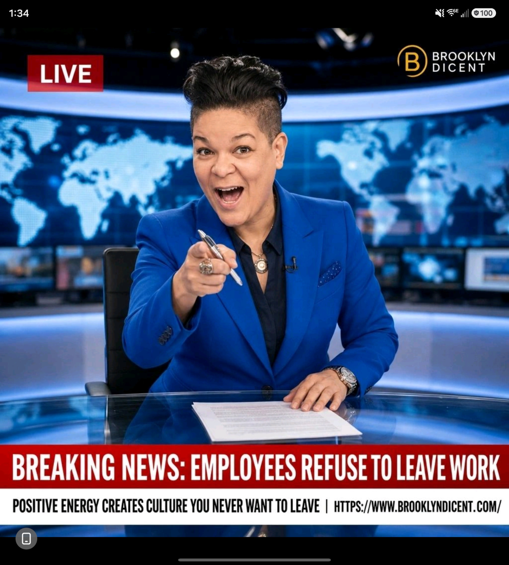 Brooklyn Dicent as a breaking-news anchor in a blue blazer, pointing a pen at the camera beneath the banner 'BREAKING NEWS: EMPLOYEES REFUSE TO LEAVE WORK'